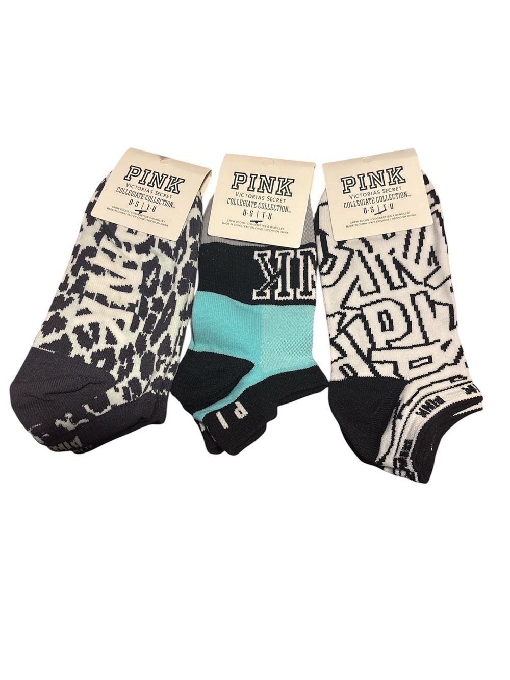 PINK Victoria's Secret Trio Low-Cut Socks – Black, White & Aqua 3 pairs